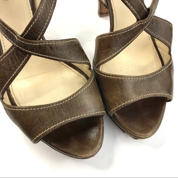 Prada authentic brown leather stacked heel sandal cross straps open toe EU 38 - Picture 2 of 12